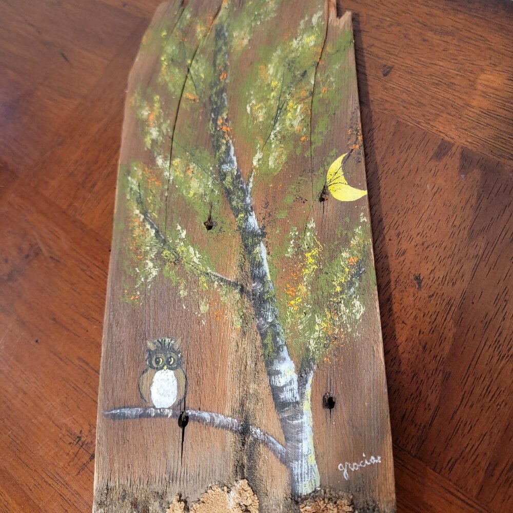 VTG - Reclaimed Wood Art, Owl in Tree. Gracias Original. 1970's. Very Cute!